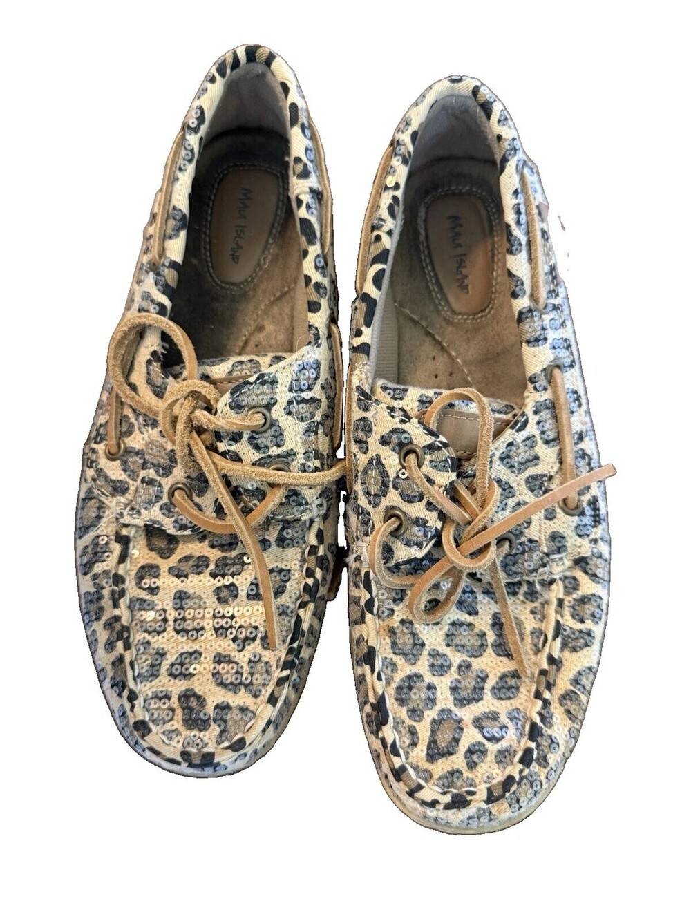 Maui Island Women 7.5 M Leopard Sequin Boat Shoes Sparkle Loafers Moccasins